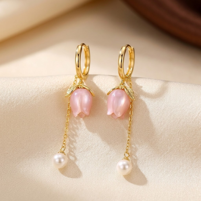 Elegant Pearl Drop Earrings with Gold Floral Design