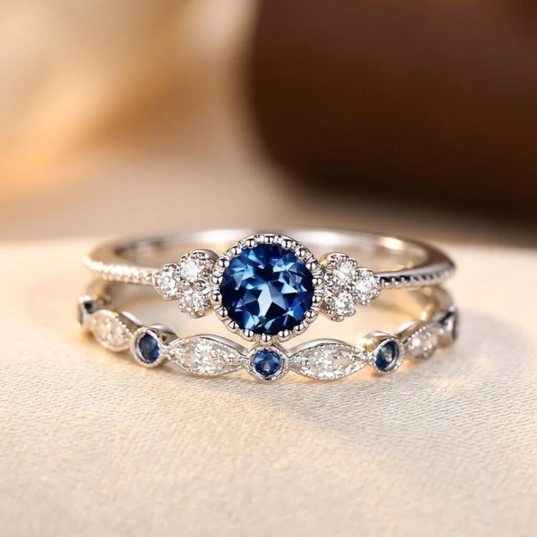 Sapphire Halo Ring with Silver Band