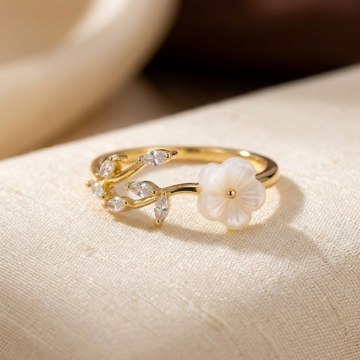 Gold Leaf and Flower Open Ring