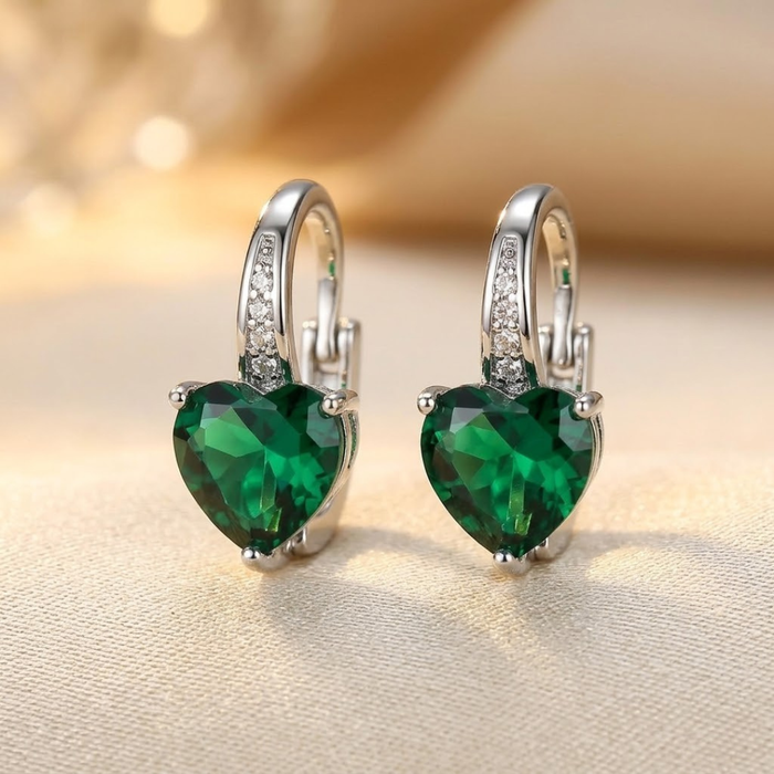Emerald Heart-Shaped Silver Hoop Earrings