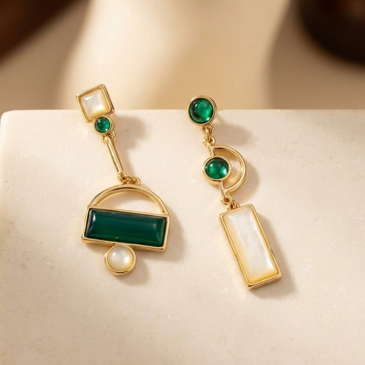 Emerald and Gold Geometric Drop Earrings