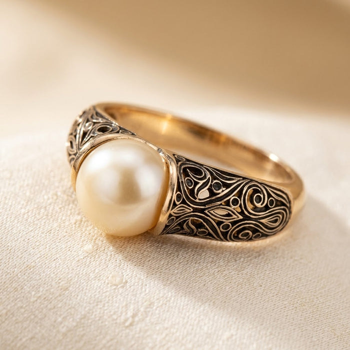Pearl Ring with Gold Filigree Design