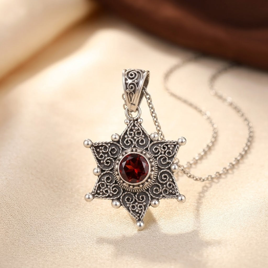 Ruby Star Pendant Necklace in Silver