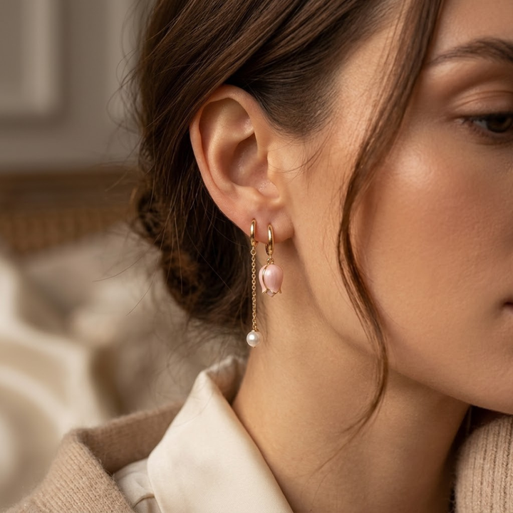 Floral Pearl Drop Earrings in Gold