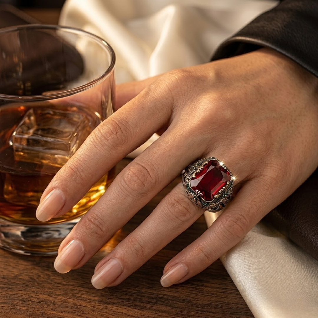 Elegant Silver Signet Ring with Ruby Detail