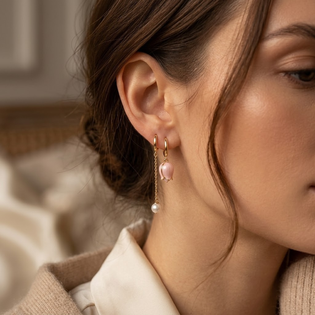 Gold Pearl Drop Earrings with Floral Design