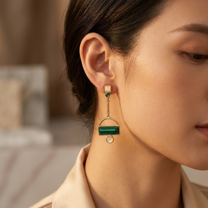 Emerald and Gold Geometric Dangle Earrings