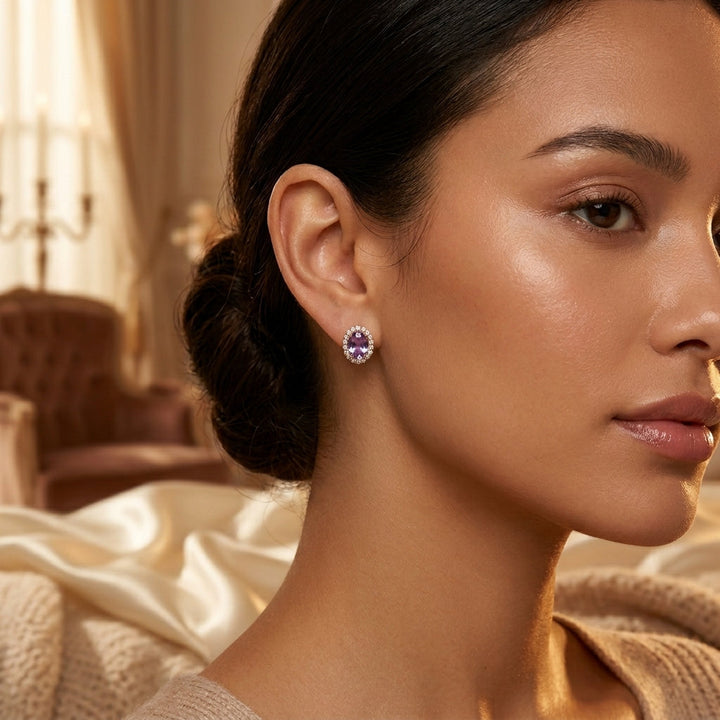 Gold Amethyst Halo Stud Earrings