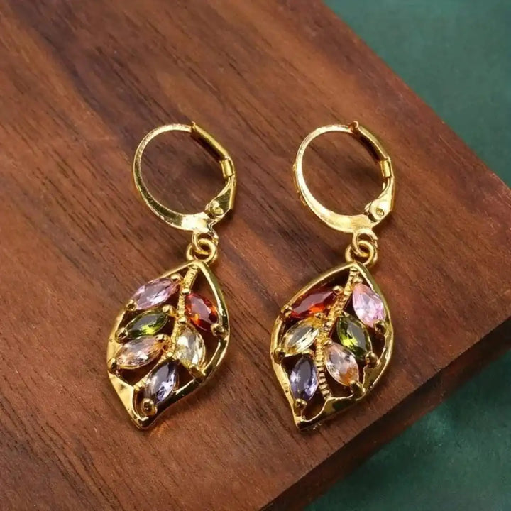 Retro Colorful Earrings with Gold Leaf Design