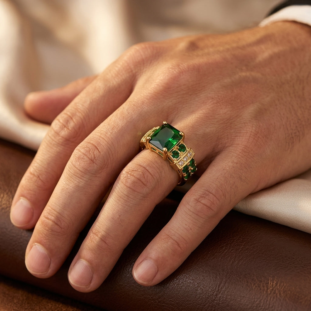 Emerald and Gold Geometric Ring