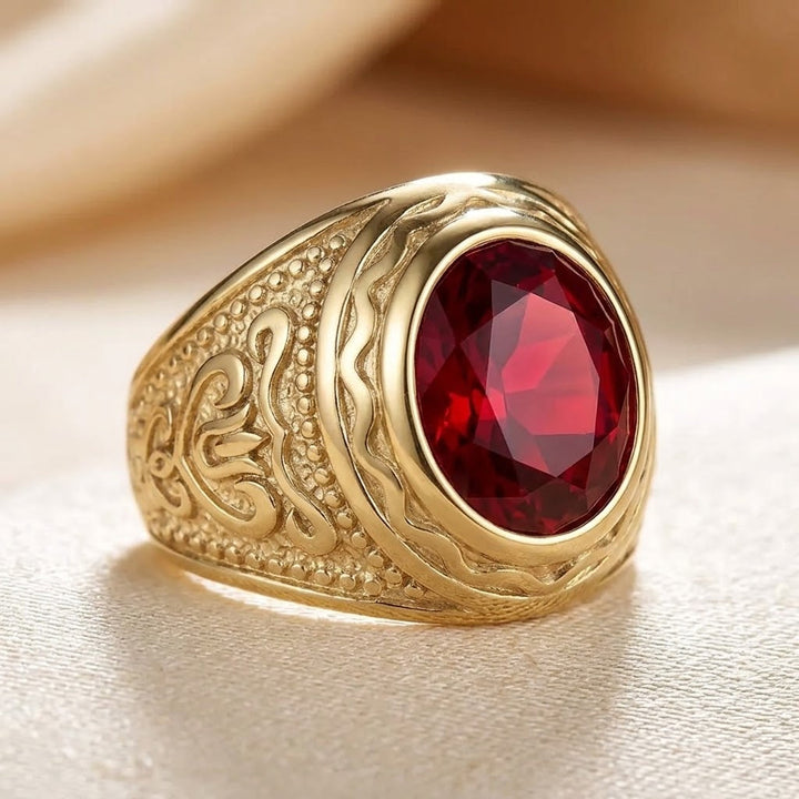 Ruby Engraved Gold Ring