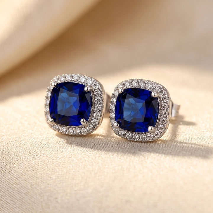 Sapphire Halo Stud Earrings in Silver
