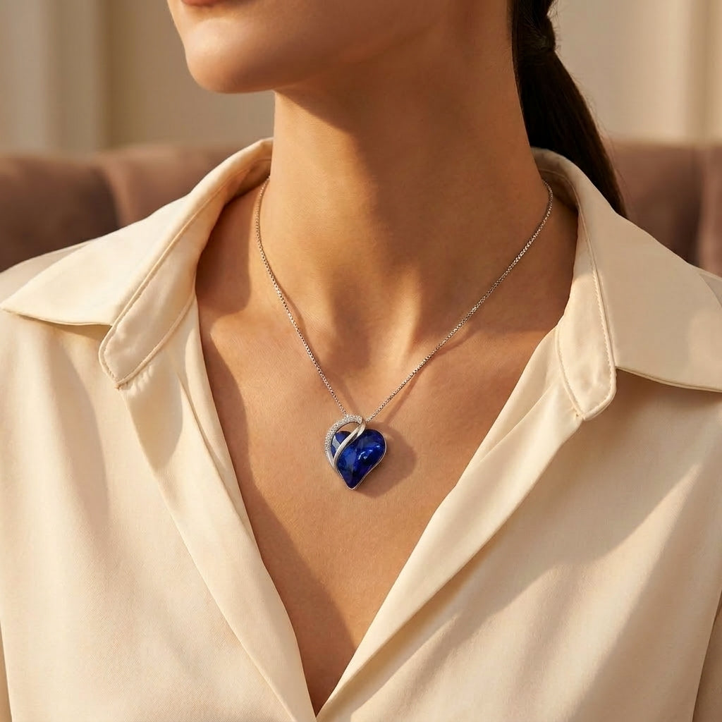 Silver Heart-Shaped Sapphire Pendant Necklace