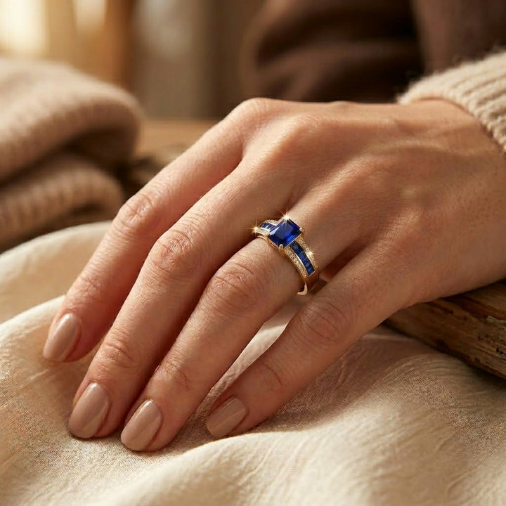 Square-Cut Gold Ring with Sapphire