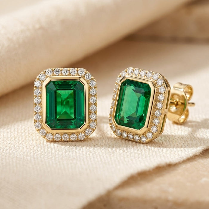 Emerald Square Halo Stud Earrings in Gold