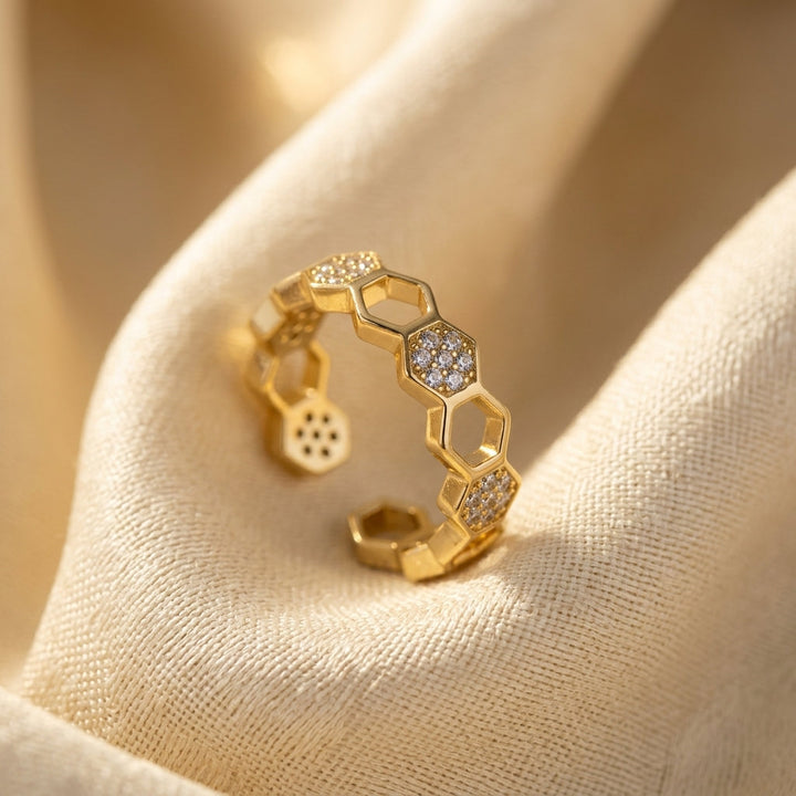 Gold Adjustable Open Ring with Geometric Pattern