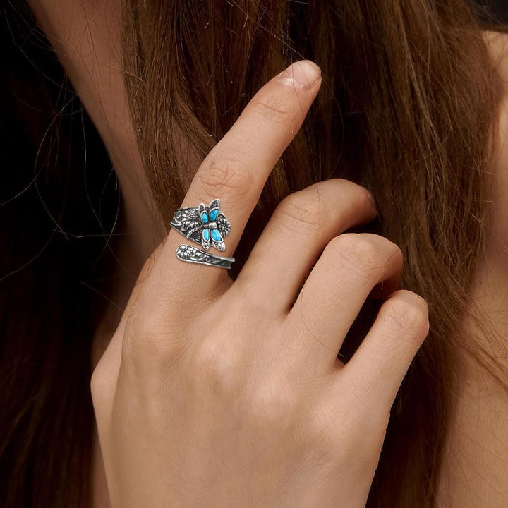 Adjustable Silver Dragonfly Ring Featuring a Turquoise Accent