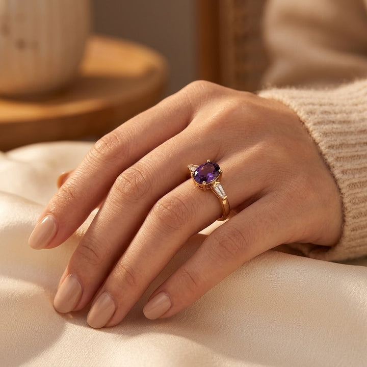 Tri-Stone Gold Ring with Amethyst