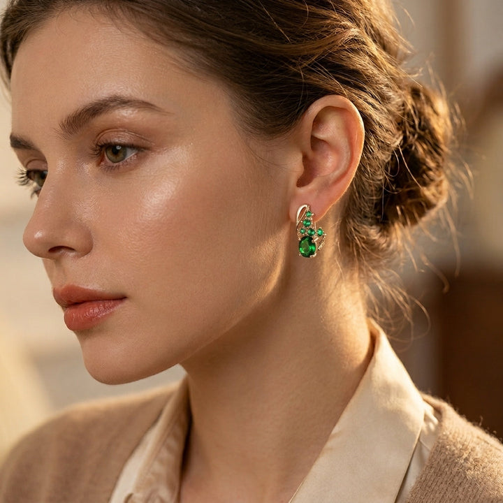 Emerald Cluster Dangle Earrings with Gold Accents