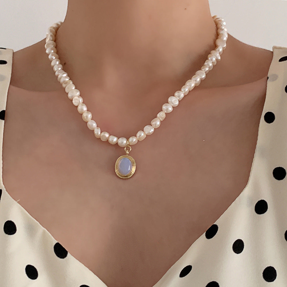 Moonstone Pendant Necklace with Pearl Accents