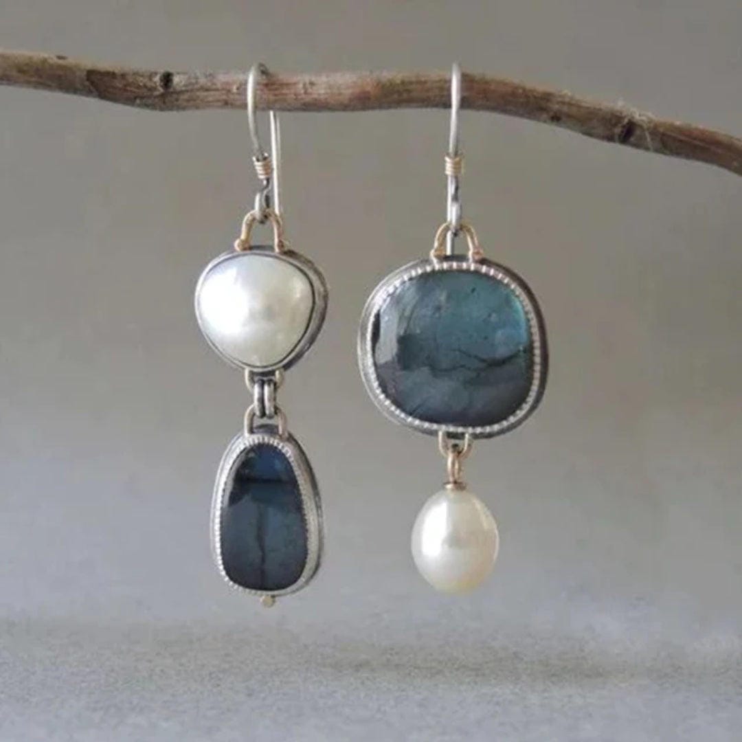 Retro Blue Gem Pearl Earrings