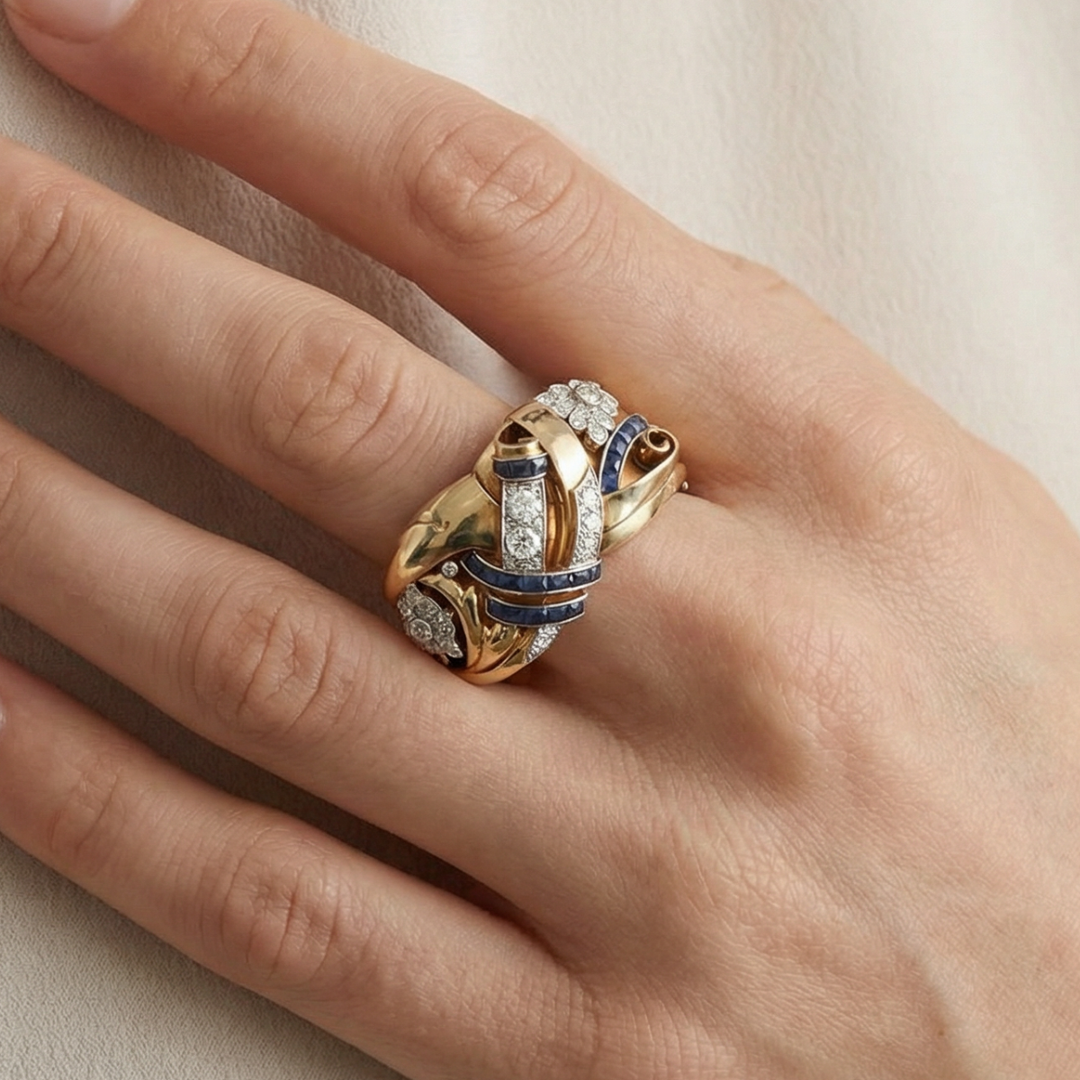Antique Gold and Blue Zirconia Ring