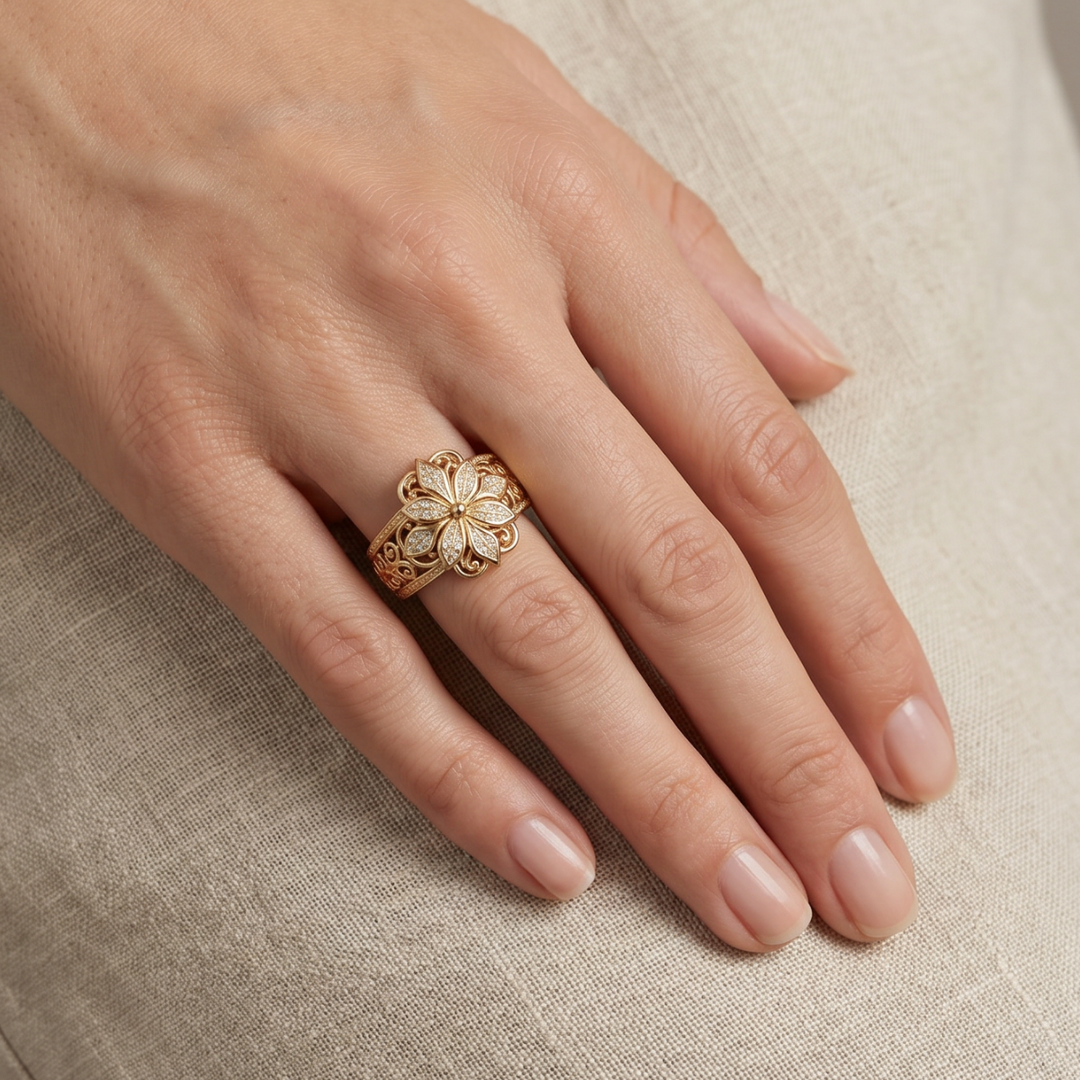 Luxurious Floral Zirconia Gold Band