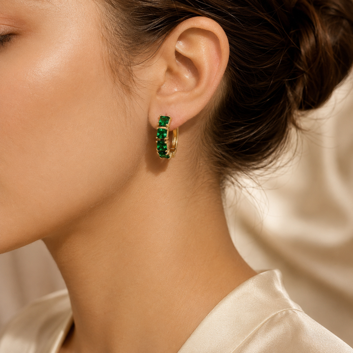 Emerald and Gold Chunky Hoop Earrings