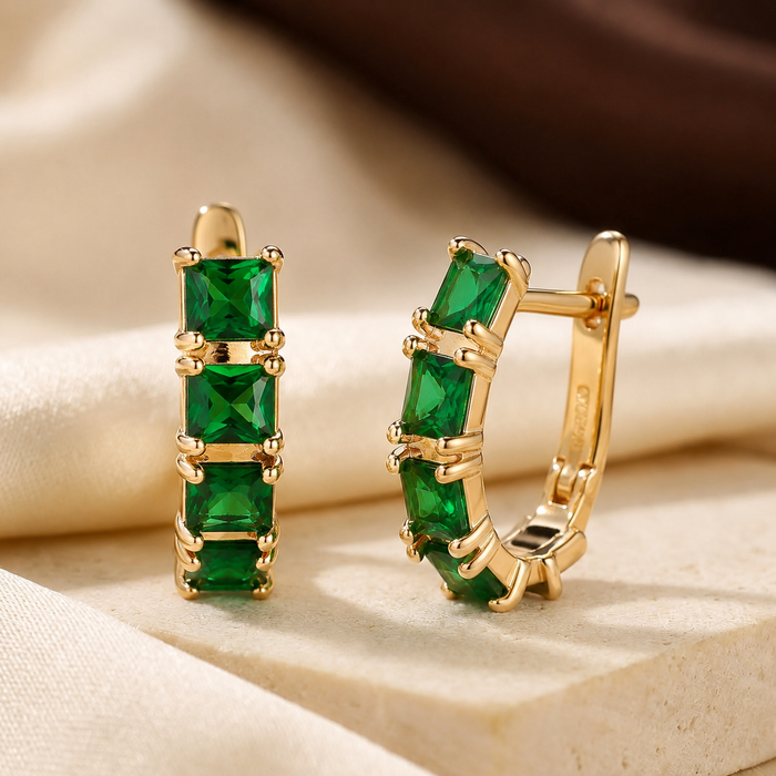 Emerald and Gold Chunky Hoop Earrings