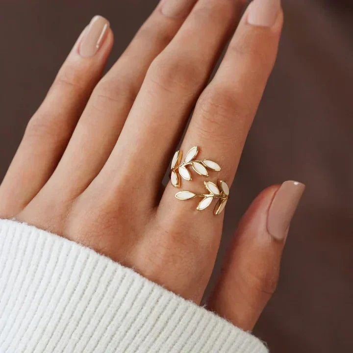 Pure - Adjustable Leaf Ring in White Opal
