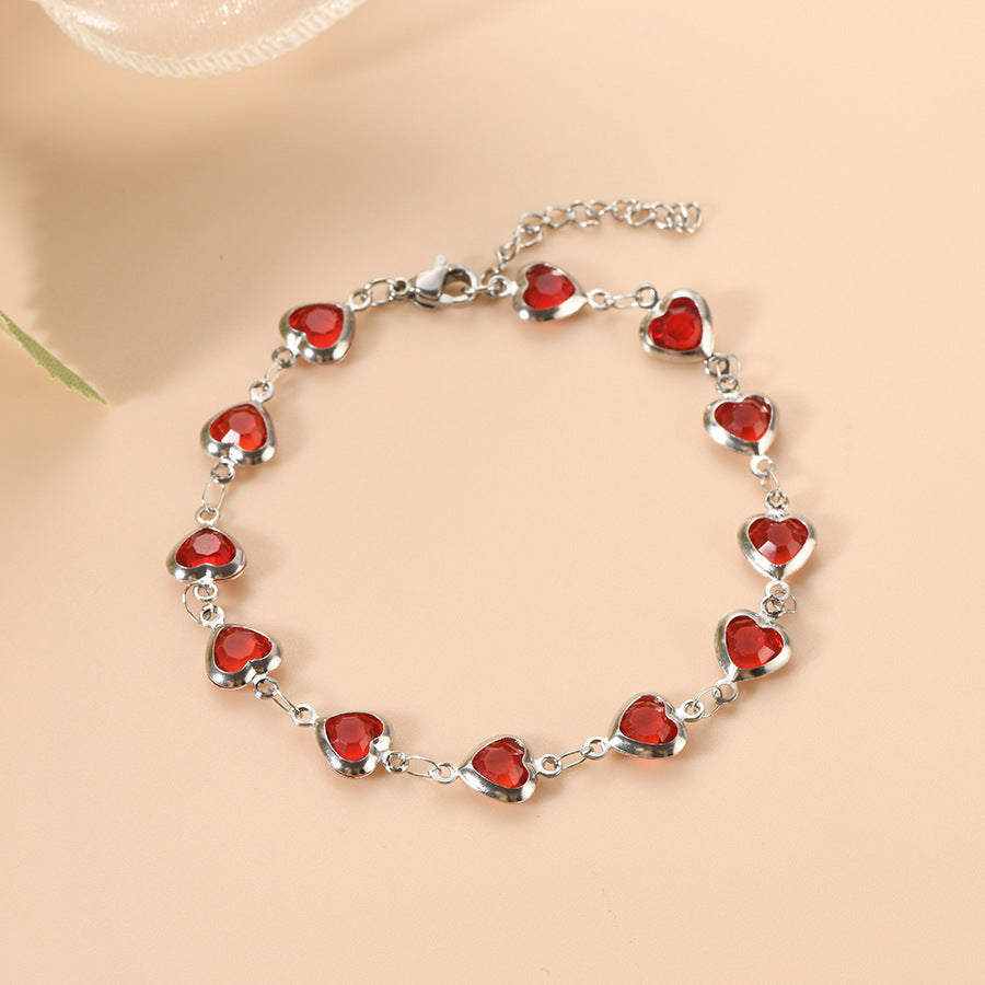 Ruby Heart Chain Bracelet in Silver