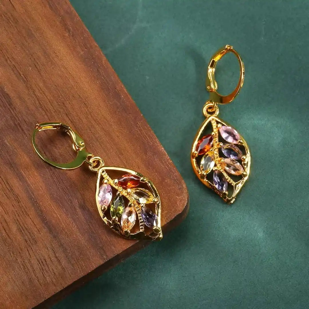 Retro Colorful Earrings with Gold Leaf Design