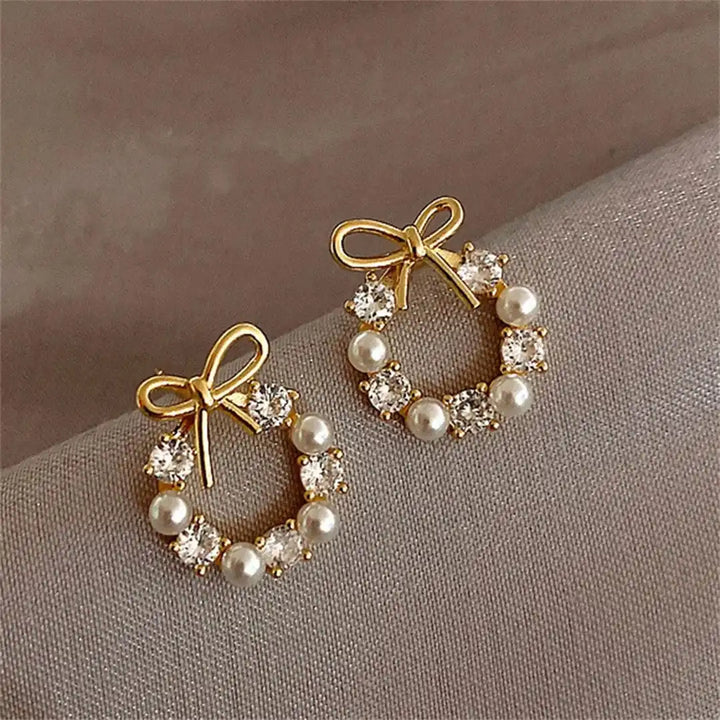 Bow Pearl Round Stud Earrings