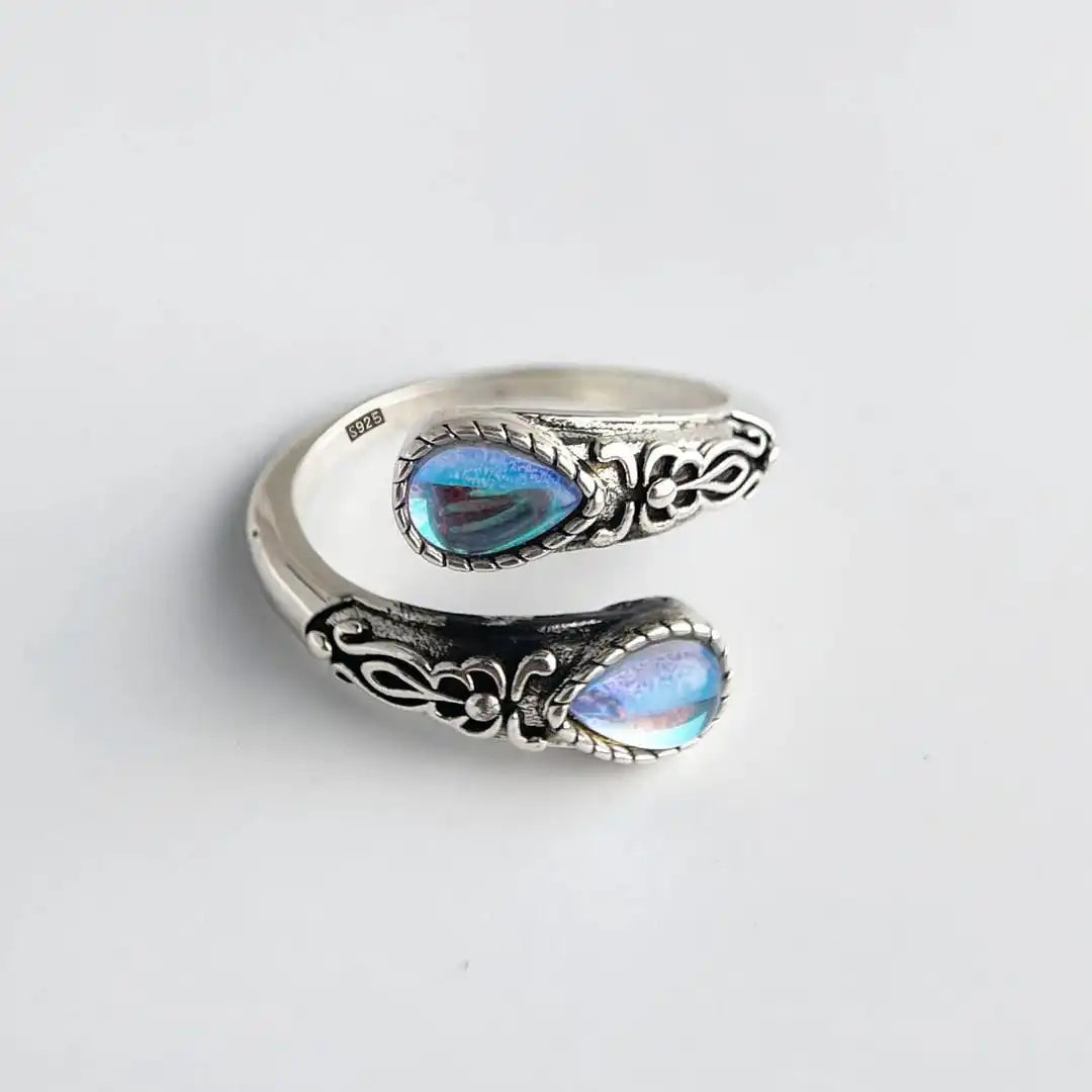 Retro Adjustable Silver Ring with Blue Gemstone