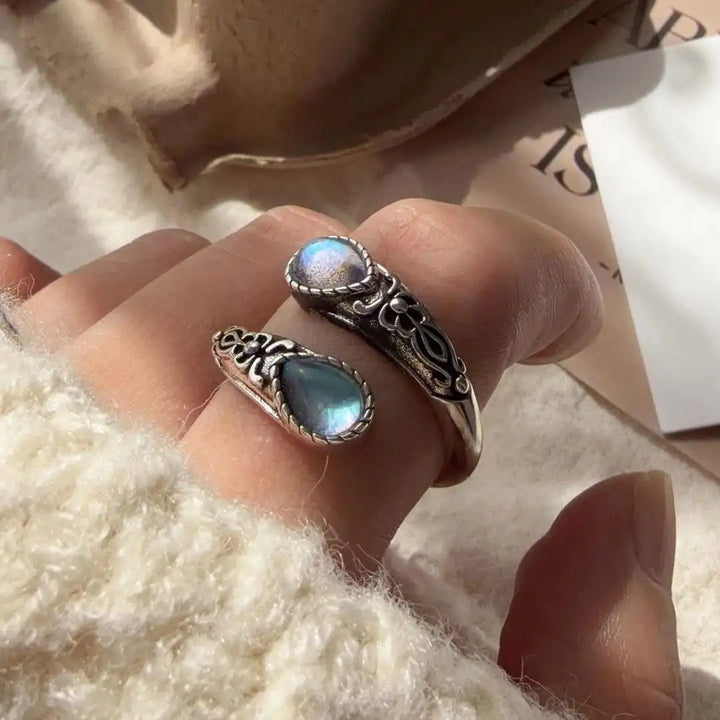 Retro Adjustable Silver Ring with Blue Gemstone