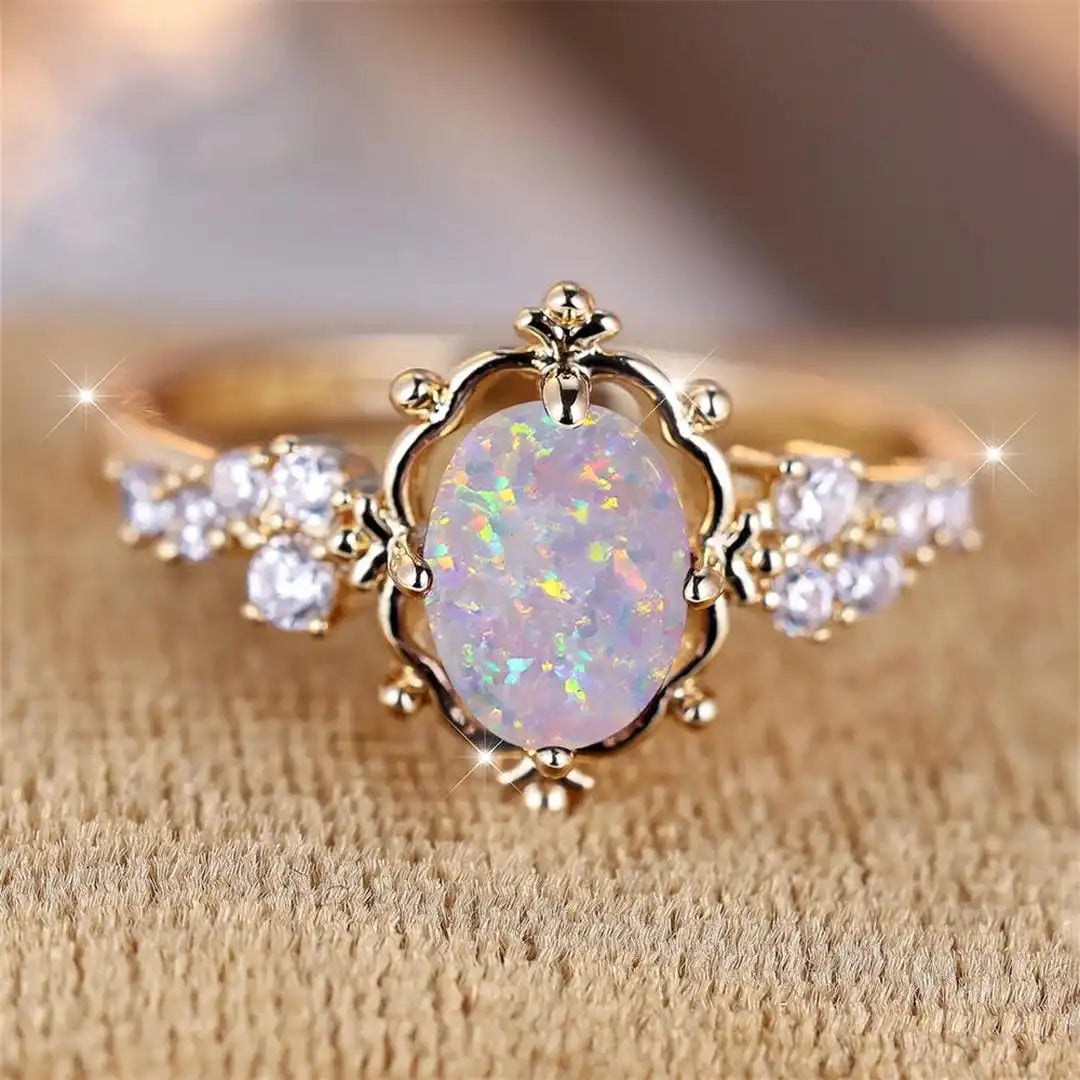 Oval Flower Ring with White Fire Opal Stone