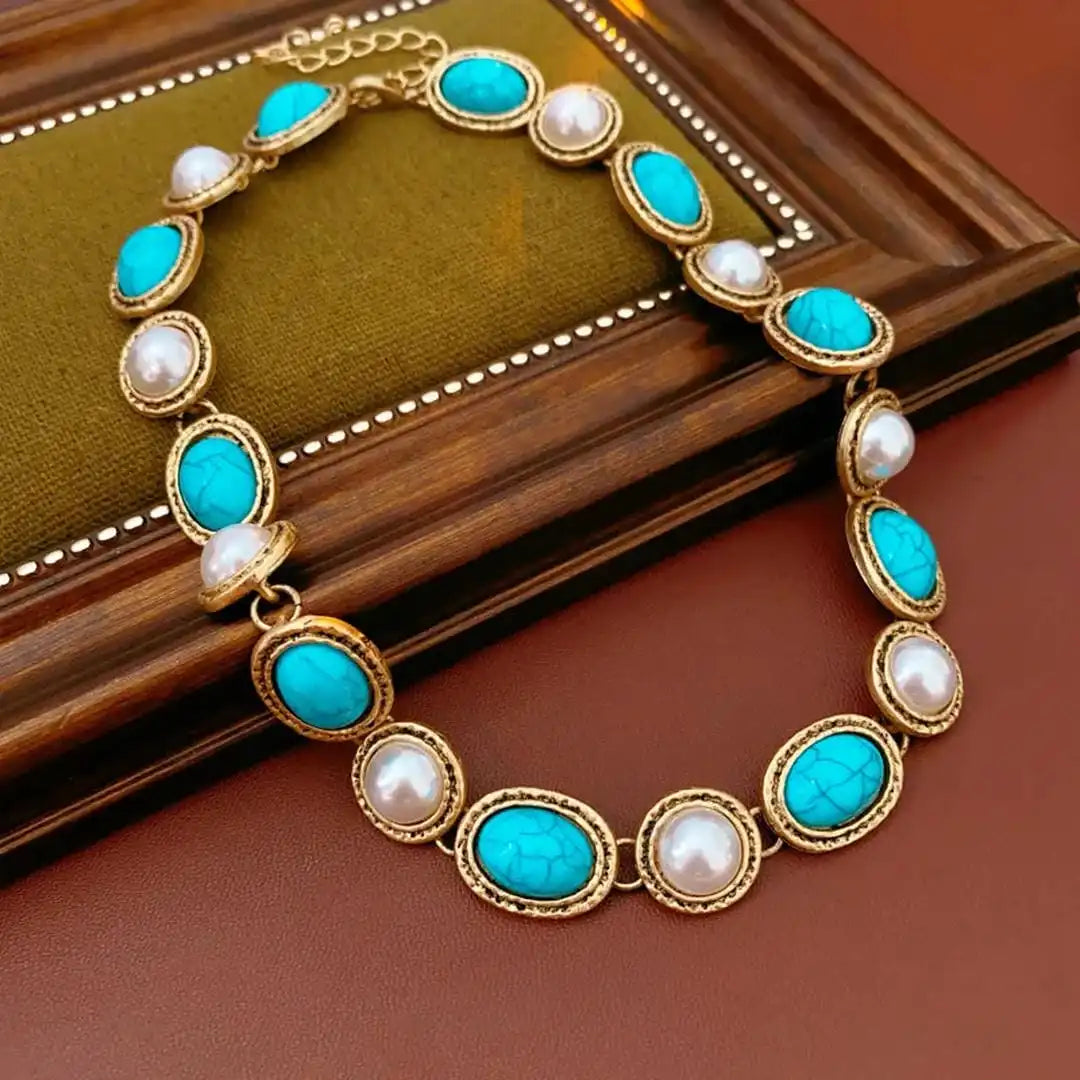 Turquoise and Pearl Vintage Gold Statement Jewelry Set