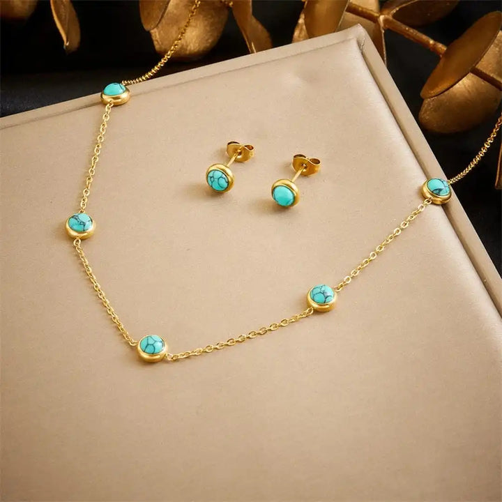 Bohemian Silver Jewelry Set with Turquoise Necklace, Earrings, and Bracelet