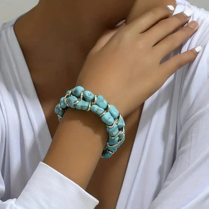 Turquoise Gemstone Braided Gold Bracelet