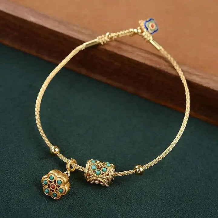 Antique Gold and Turquoise Lotus Cuff Bracelet