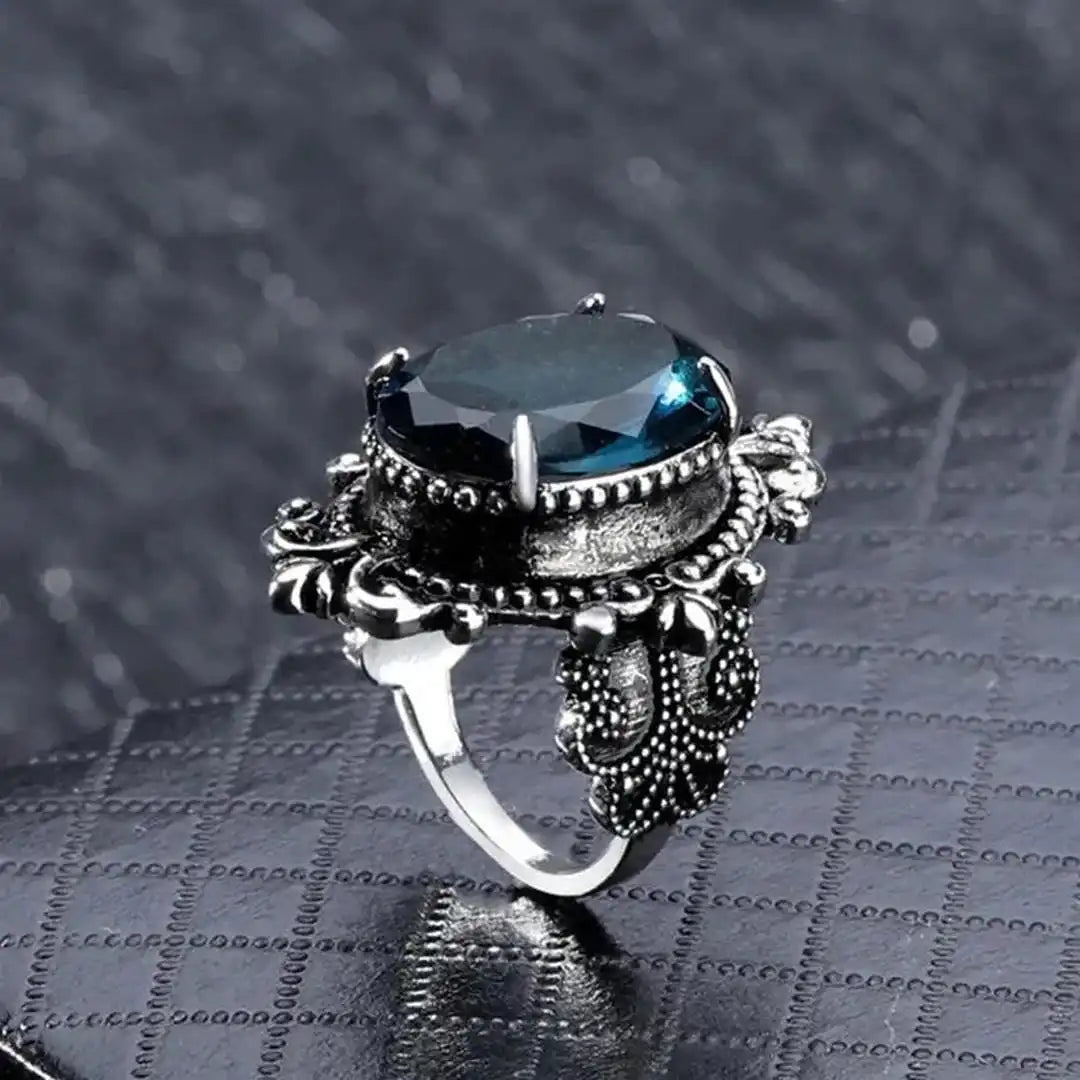Antique Silver Oval Blue Zircon Ring