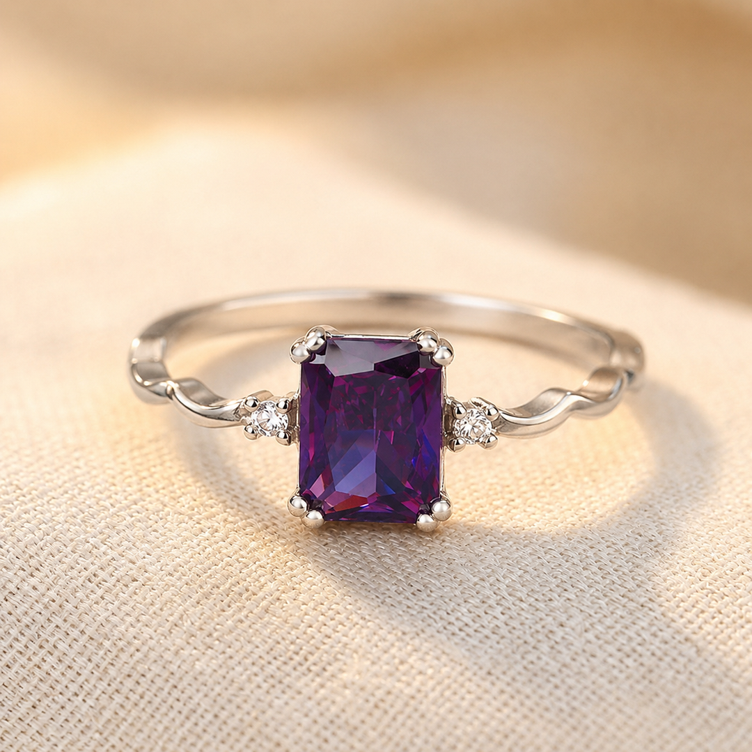Silver Ring with Amethyst and Emerald Cut Design