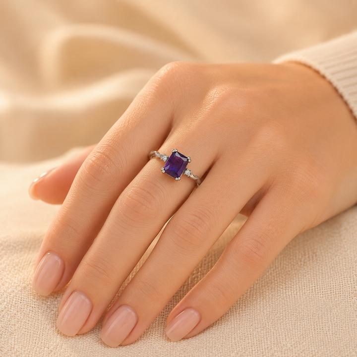 Silver Amethyst Emerald-Shaped Ring