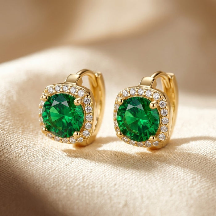 Emerald Halo Gold Hoop Earrings