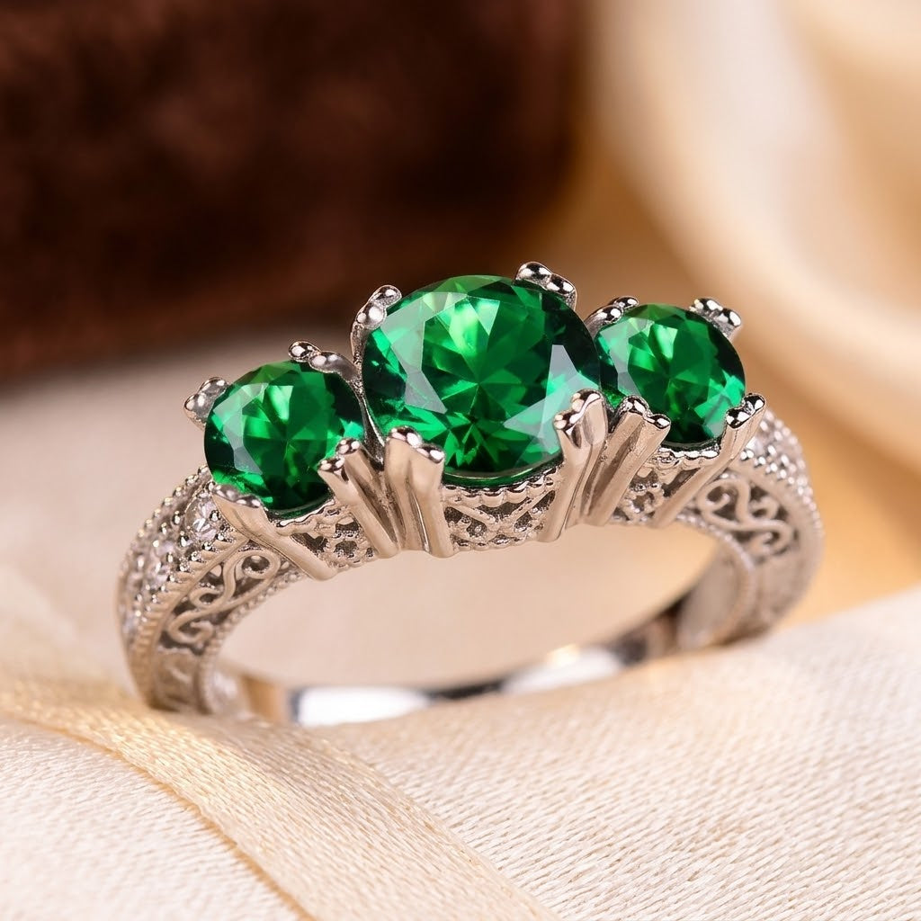 Emerald and Silver Trio Stone Ring