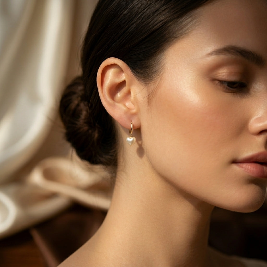 Golden Heart Pearl Dangle Earrings