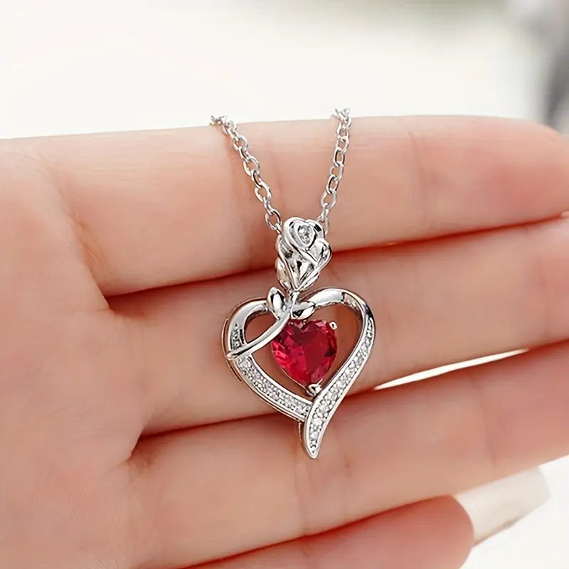 Ruby Heart Pendant on Silver Necklace