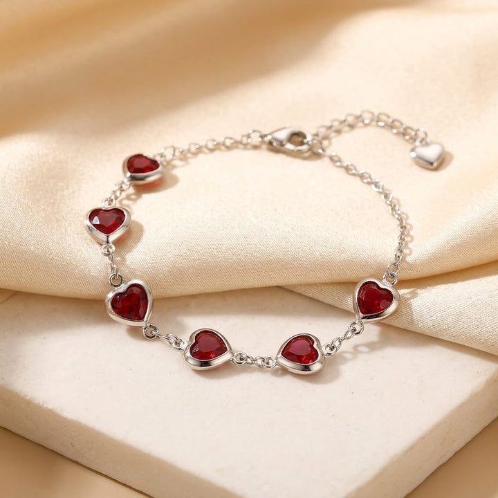 Ruby Heart Chain Bracelet in Silver