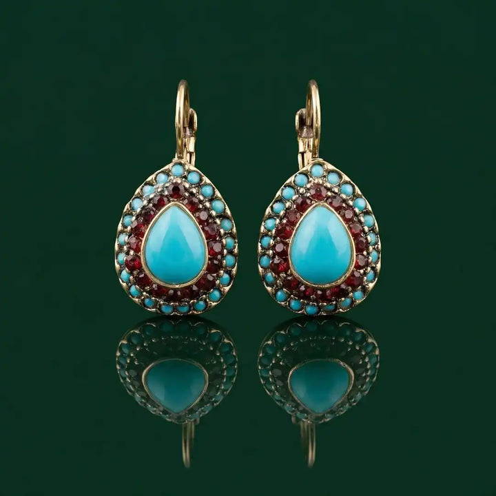 Retro Turquoise Gemstone Dangle Earrings in Gold