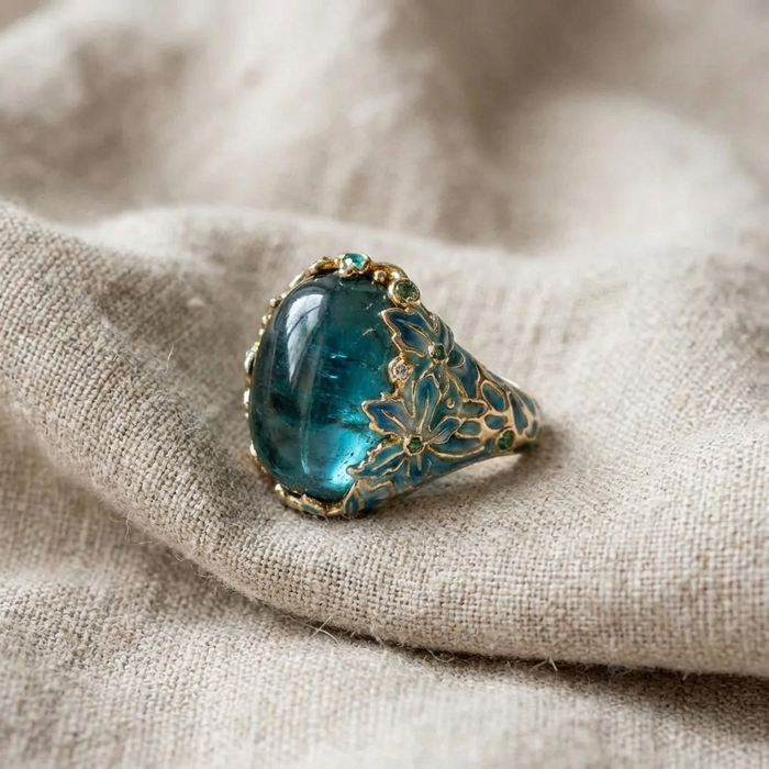 Chic Gold Floral Ring with Blue Gemstone